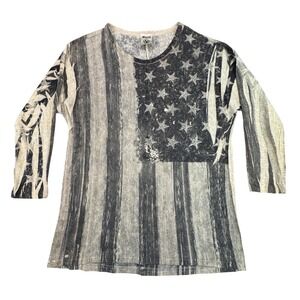 Vocal Women's Long Sleeve American Flag Distressed Rhinestone Top Made in USA L